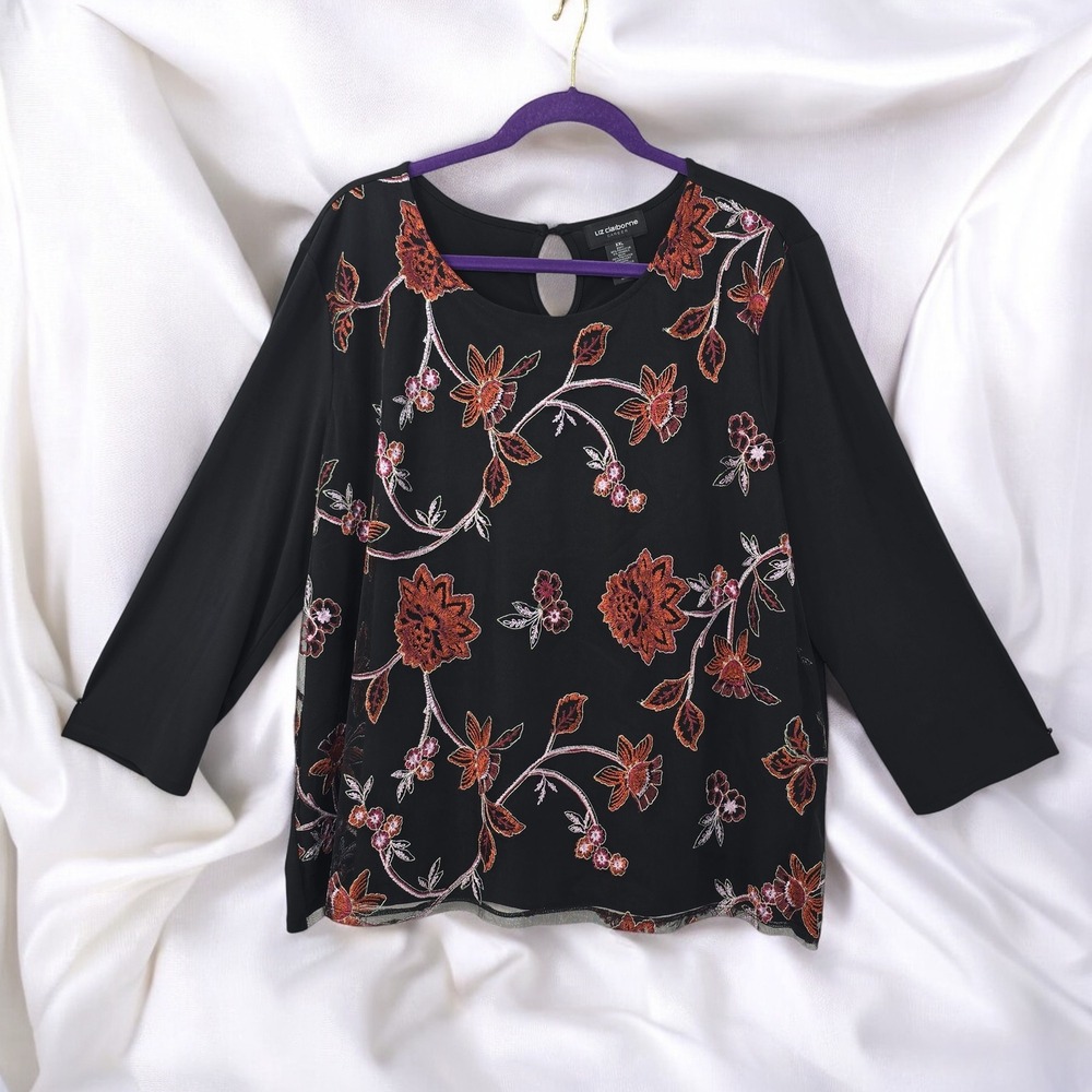 Liz Claiborne Career Floral Embroidered Mesh Lined Blouse Keyhole Back Woman XXL